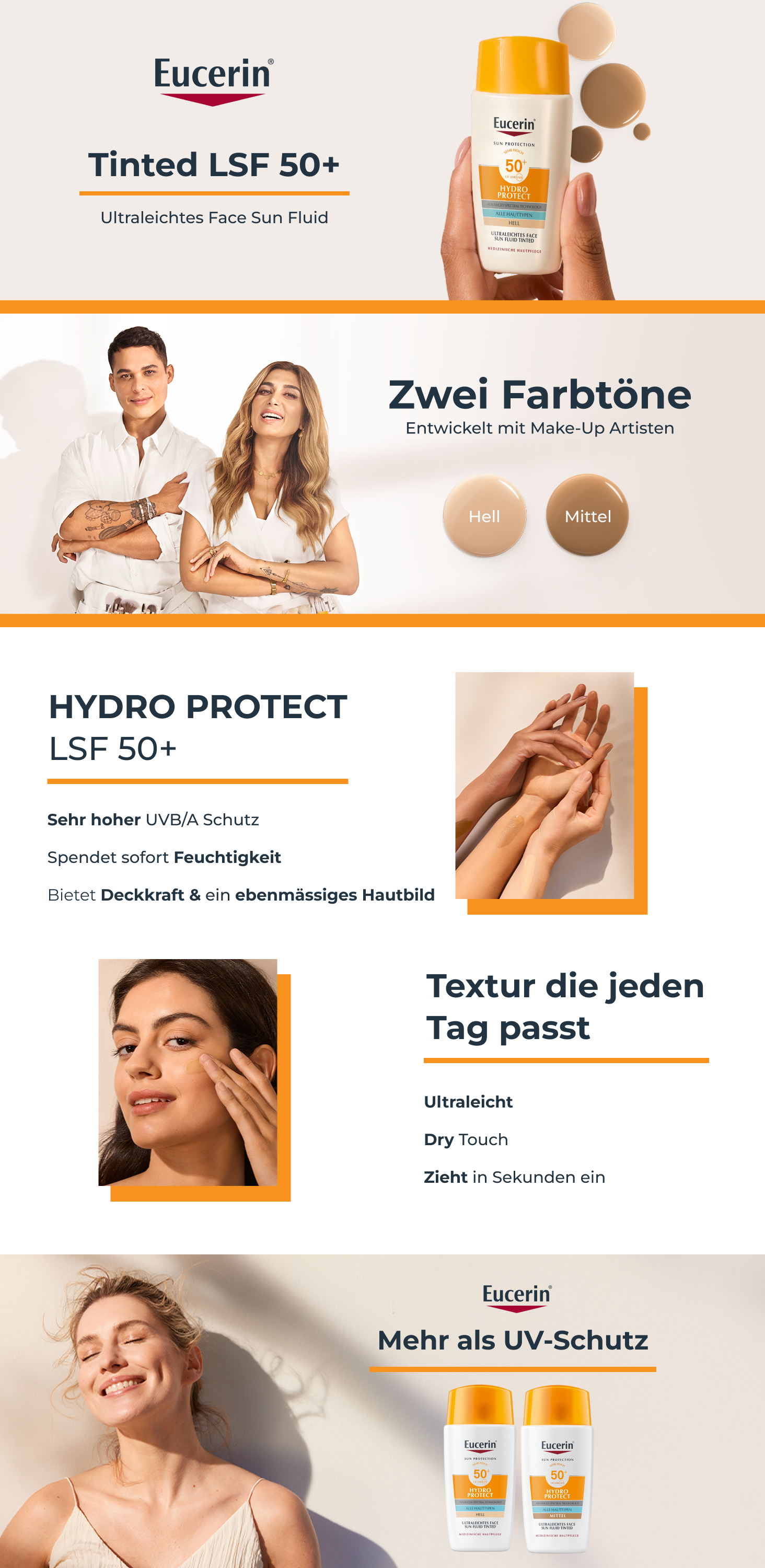 Eucerin Hydro Protect Sun Face Fluid Tinted LSF 50+. Produktabbildung, Text und Personen.